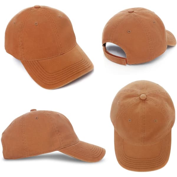 A brown enzyme washed cap with a curved brim and adjustable strap. It features a logo on the side.