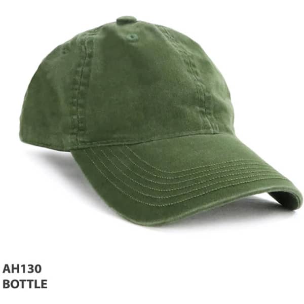 A green enzyme washed cap with a curved brim and an adjustable strap at the back, featuring a logo.
