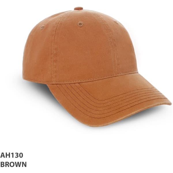 A brown enzyme washed cap with a curved visor and a fitted design, featuring a logo.