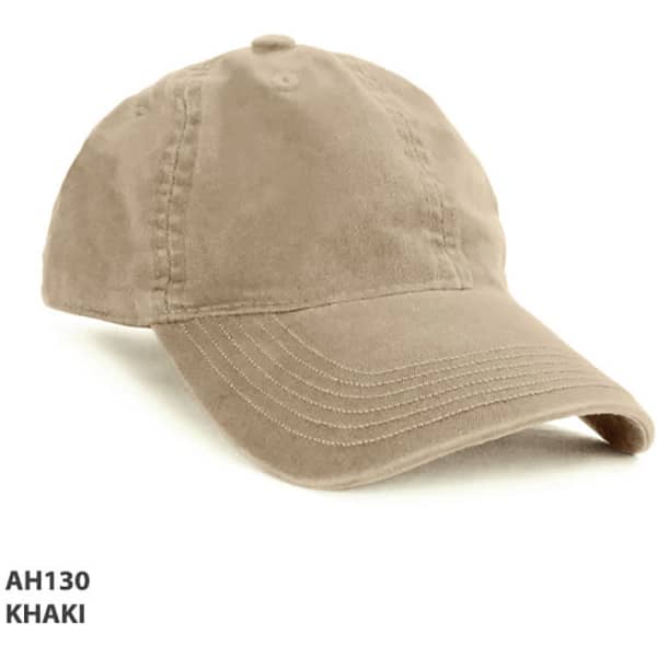 A khaki enzyme washed cap with a curved brim and a logo on the front.