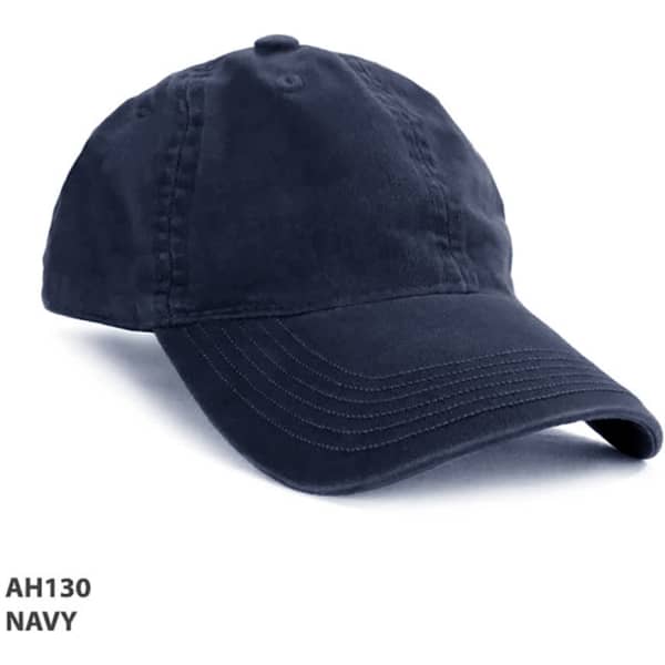 A navy enzyme washed cap with a curved brim and a logo.