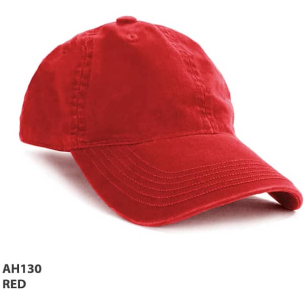 A red enzyme washed cap with a curved visor and an adjustable strap at the back. It features a logo.