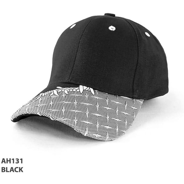 A black cap with a patterned brim and a logo. It features a classic baseball cap design.
