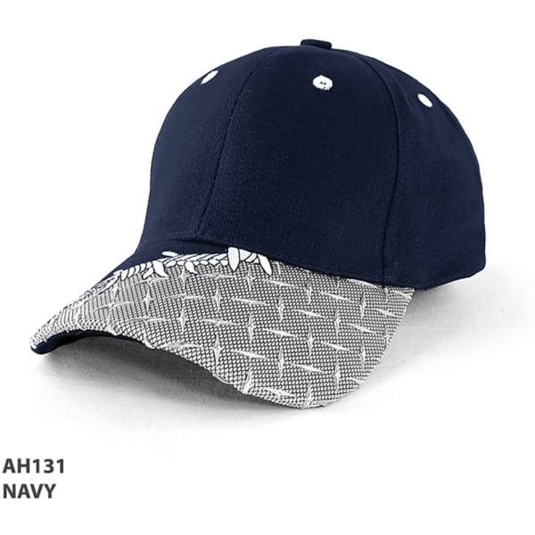A navy cap with a patterned grey brim and a logo. Ideal for casual wear.