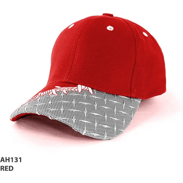 A red cap with a patterned grey brim, featuring a logo on the front.