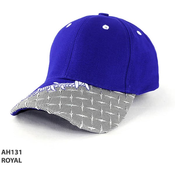 A cap in royal blue with a patterned grey peak, featuring a logo on the front.