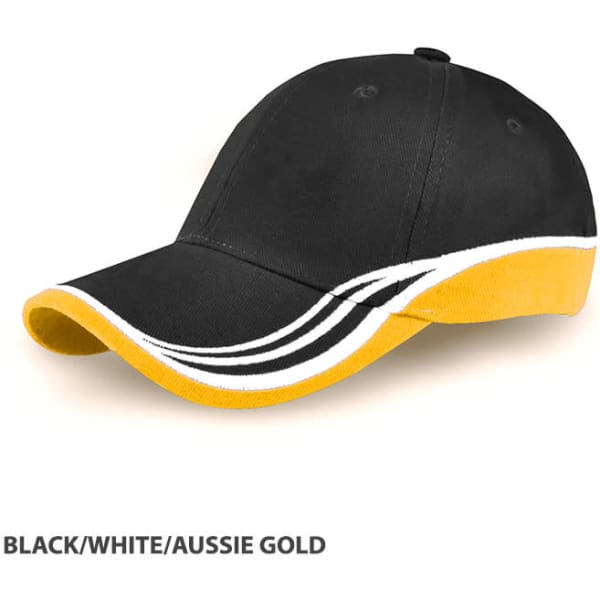A black and white cap with an Aussie gold accent and a curved visor. Features a logo on the front.