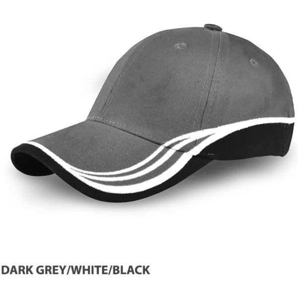 A dark grey cap with white and black accents, featuring a curved brim and a logo.