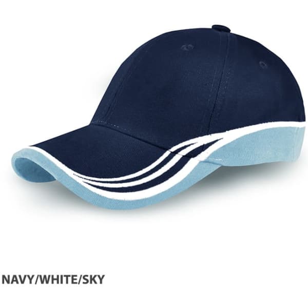 A navy cap with a white and sky-blue peak, featuring a logo on the front.