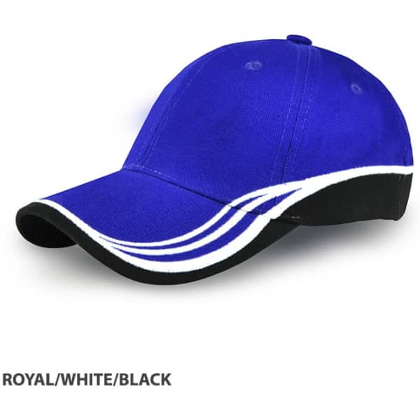 A royal blue cap with white and black accents and a curved visor, featuring a logo on the front.