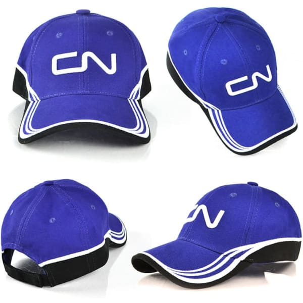 A blue cap featuring a black brim and a logo on the front, with white accent stripes on the sides.