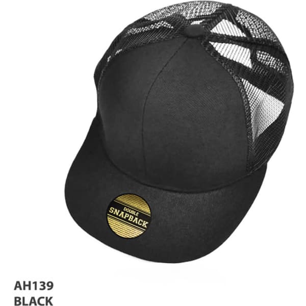 A black kids snapback cap with a mesh back and a logo on the front.