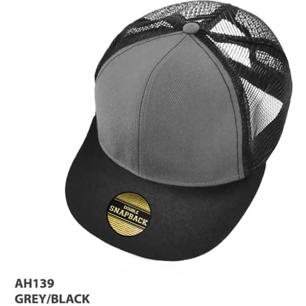 A grey and black kids snapback cap with a mesh back and a circular logo on the front.