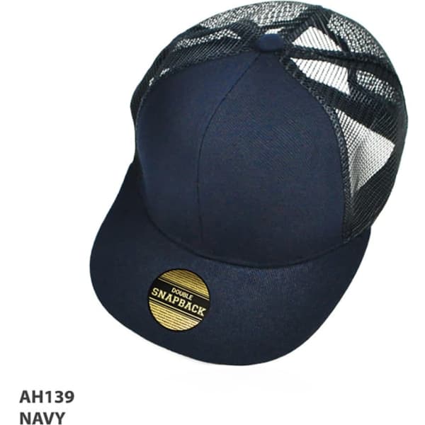 A navy blue snapback cap with a mesh backside and a logo on the front.