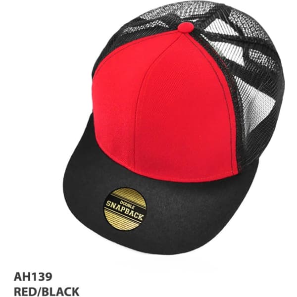A red and black snapback cap with a mesh back and a circular logo on the front.