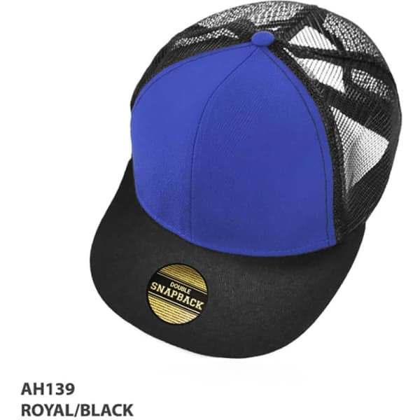 A royal blue and black kids snapback cap with mesh panels and a logo on the front.