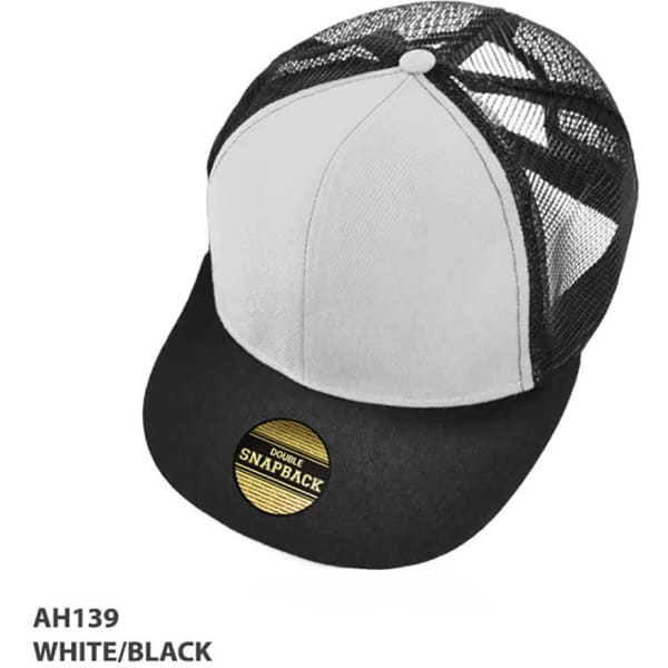 A kids' snapback cap featuring a white front panel, black mesh back, and a black brim. It has a logo detail.