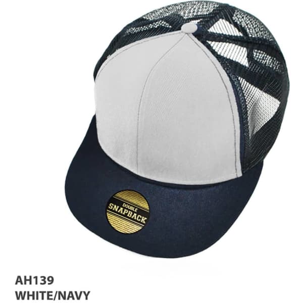 A white and navy snapback cap with a mesh back and a round branding logo on the front.