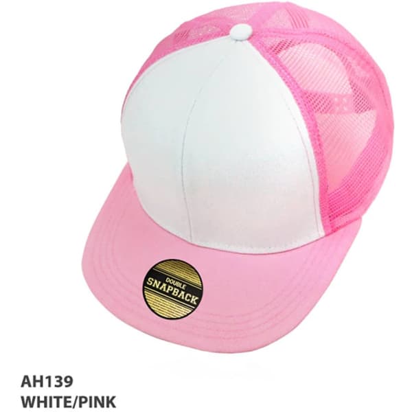 A white and pink kids snapback cap with a mesh back and a circular logo on the front.