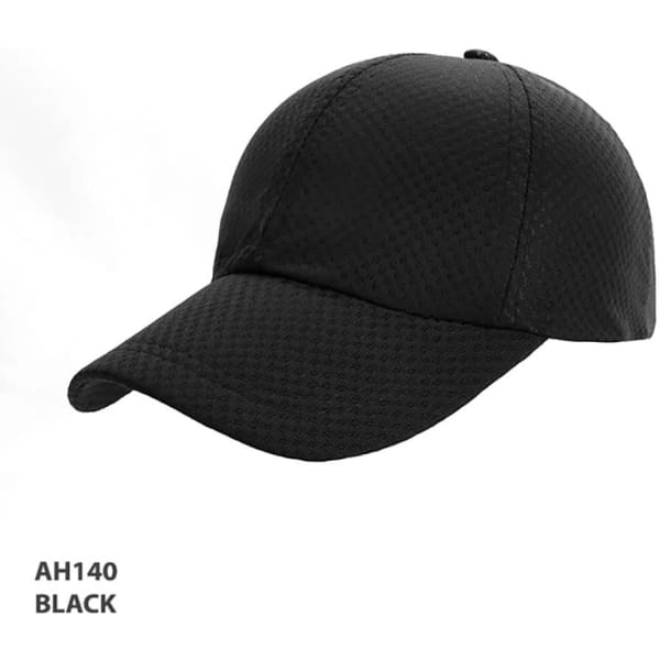 A black Polymesh Cap featuring a breathable mesh design and a curved brim, with a logo on the side.