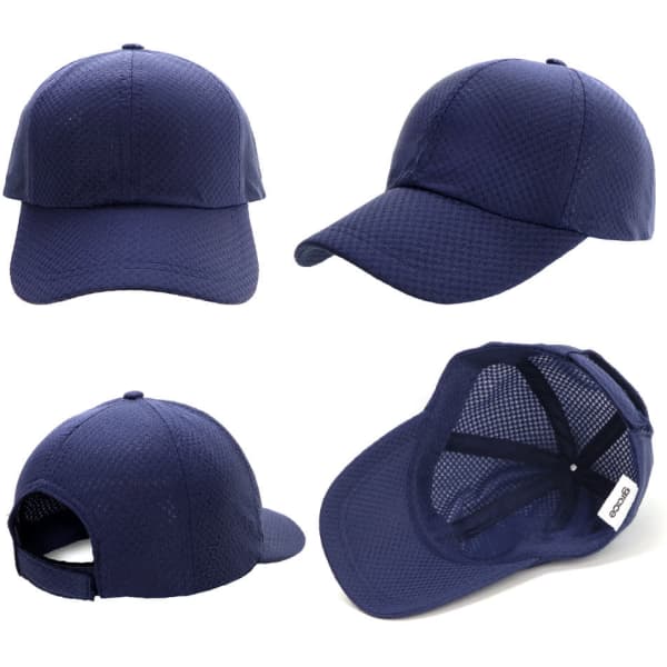 A navy blue Polymesh Cap featuring a structured design and a mesh back, with a logo displayed.