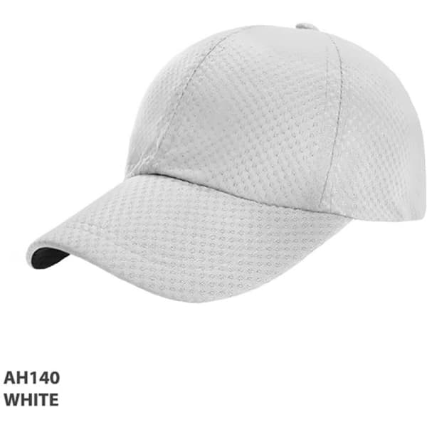 A white Polymesh cap with a textured design and a curved peak, featuring a logo.