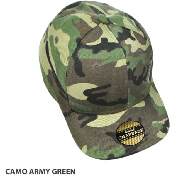 A camo army green cap featuring a snapback design and a logo on the front.