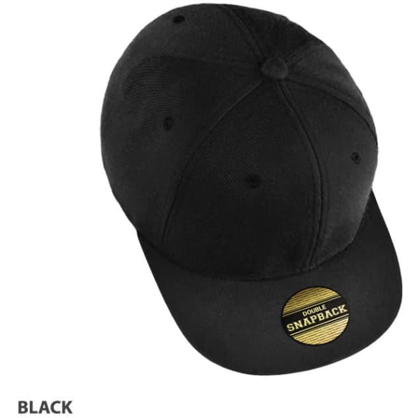A black cap with a flat brim and a snapback closure, featuring a logo on the front.