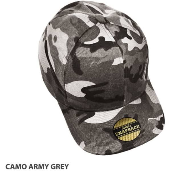 A camouflage cap in grey tones with a snapback design, featuring a logo on the side.