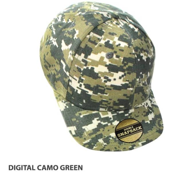 A camouflage green cap featuring a snapback design and a logo. The pattern consists of various shades of green and black.