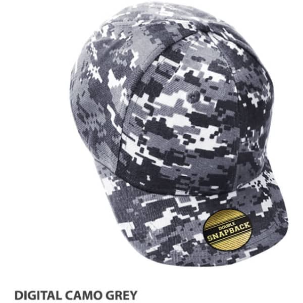 A grey snapback cap featuring a digital camouflage pattern and a branding logo.