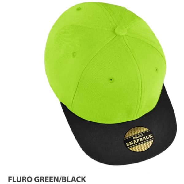 A fluro green and black snapback cap with a round crown and a flat brim, featuring a logo on the front.