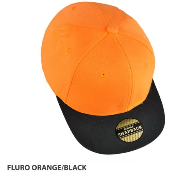 A fluro orange cap with a black peak and a logo on the front. It features a snapback design.