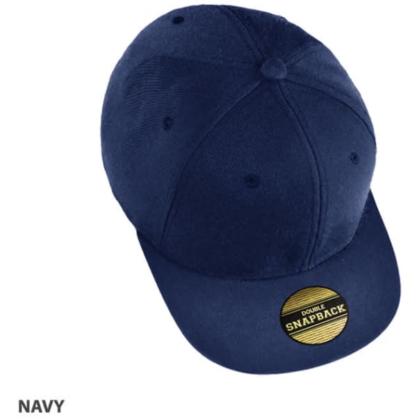 A navy cap with a snapback design and a round logo on the front.