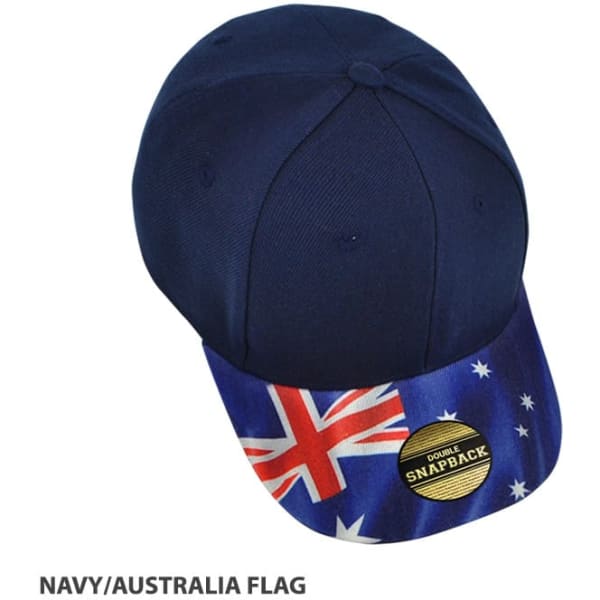 A navy cap featuring the Australian flag on the brim and a logo on the front.