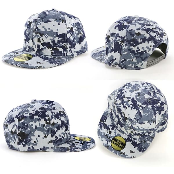 A patterned cap featuring shades of grey and blue, with a curved peak and a branded logo.