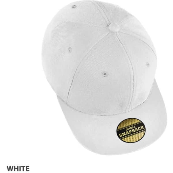A white snapback cap with a round crown and a flat brim, featuring a logo on the front.