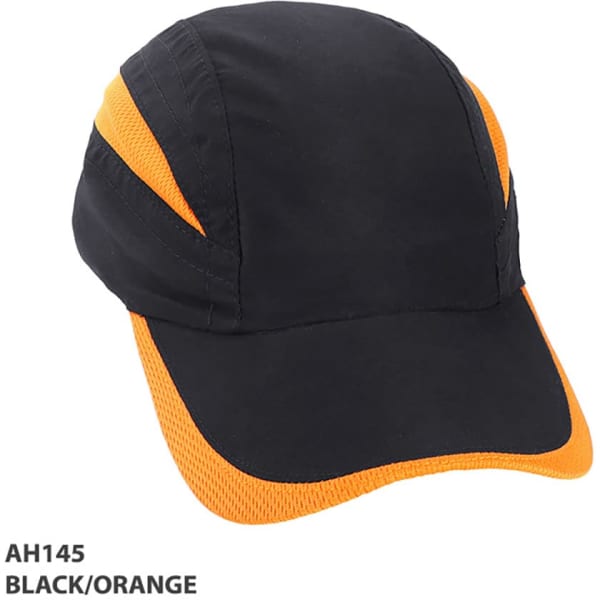A black and orange Summit Microfibre 7Panel Cap with a logo on the front and mesh detailing at the back.
