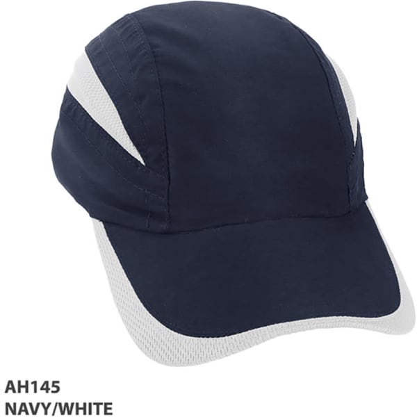A navy and white Summit Microfibre 7Panel Cap with a structured design and a logo on the side.