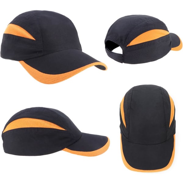 A black and orange Summit Microfibre 7Panel Cap featuring a logo, showcasing multiple angles of the headwear.