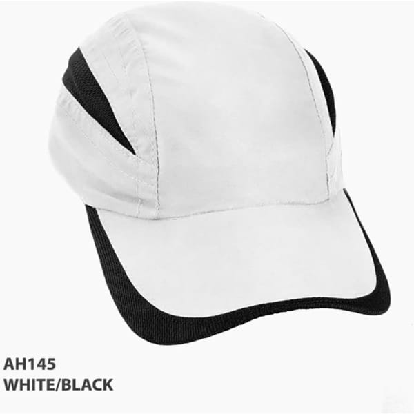 A white and black Summit Microfibre 7Panel Cap featuring a branded logo.