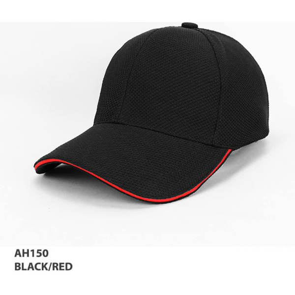 A black and red cap with a mesh design, featuring a curved peak and a logo on the front.