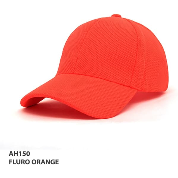 A fluro orange cap with a mesh design and a curved brim. It features a logo on the front.