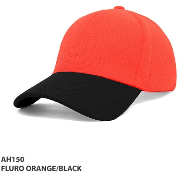 A fluro orange and black cap with a mesh design and a branding logo.