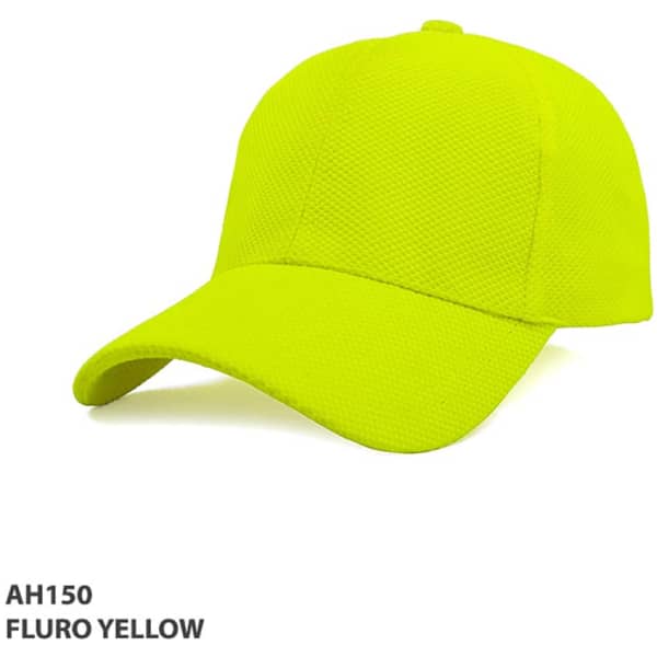 A fluro yellow cap featuring a mesh design and a curved brim. Includes a logo.