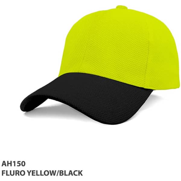A cap featuring a fluro yellow mesh design with a black peak, including a logo on the side.