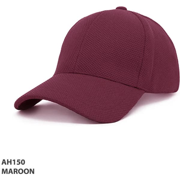 A maroon cap with a textured mesh design and a curved brim, featuring a logo.