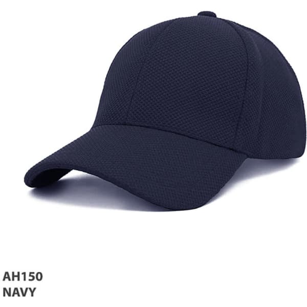 A navy cap featuring a mesh design and a curved peak, with a logo on the front.