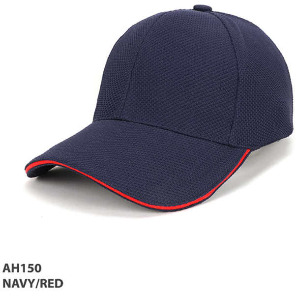 A navy and red cap with a textured mesh design and a curved brim, featuring a logo on the front.