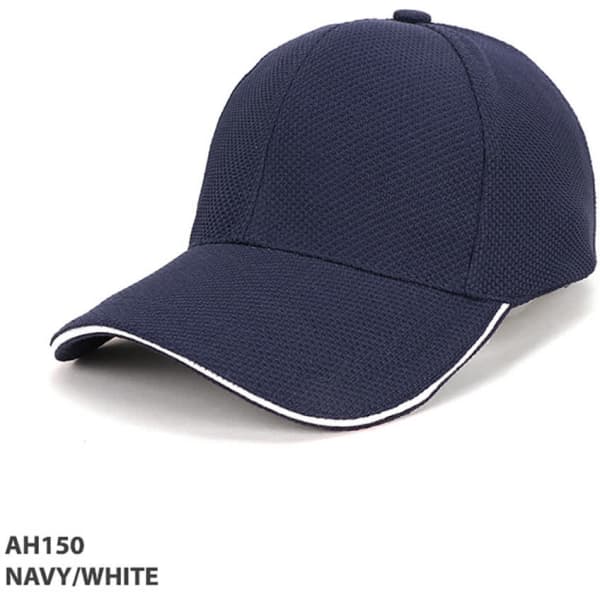 A navy and white cap featuring a mesh design and a logo. The cap has a curved brim and a structured shape.